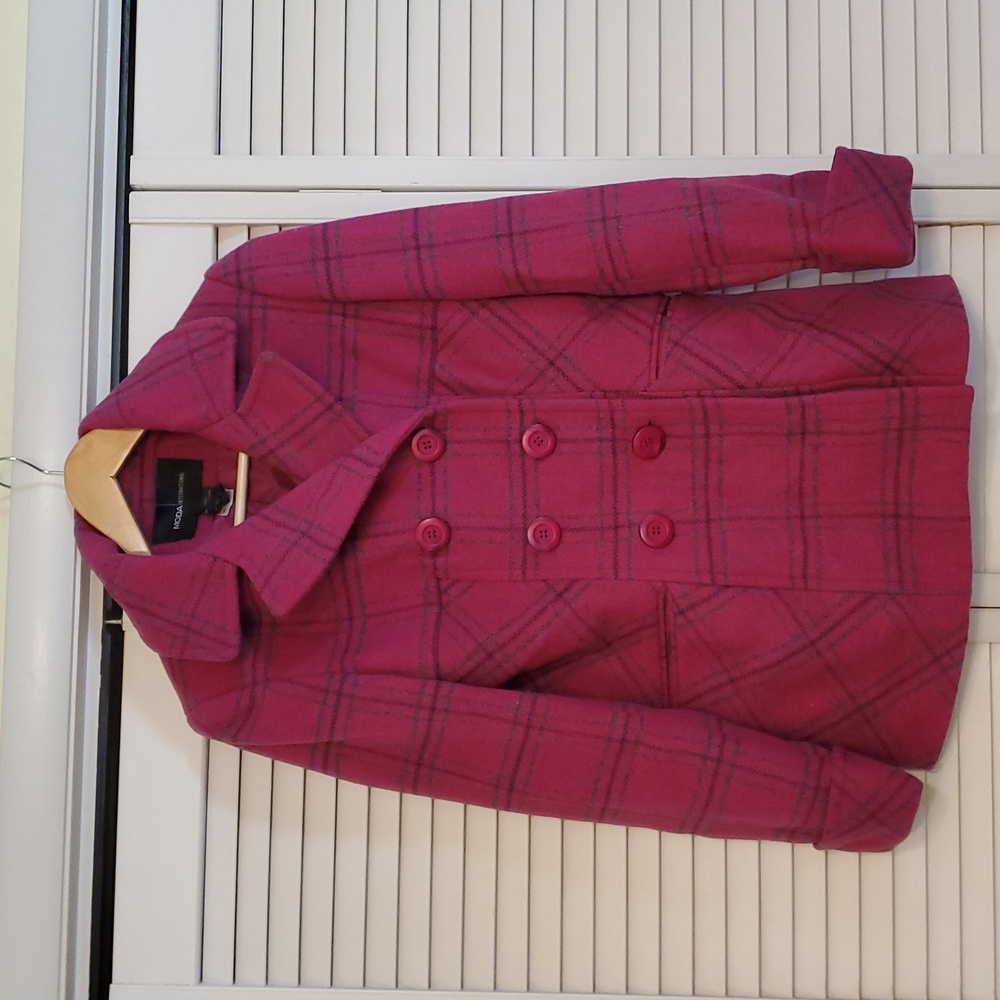 Moda International Pink Magenta Plaid Wool Peacoat Coat, Size Small